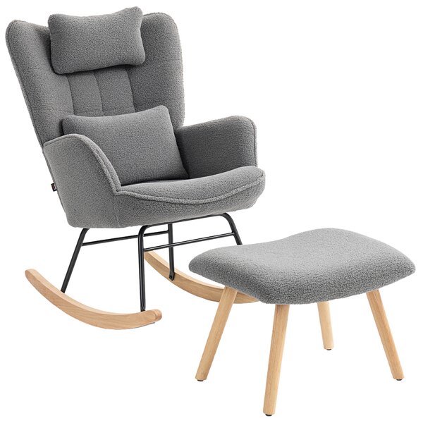 HOMCOM Sedia a dondolo con Poggiapiedi, Rivestimento in Pile Morbido, Gambali in Legno, Cuscino, Alto Schienale, Sedia a Dondolo, Grigio scuro | Aosom Italy