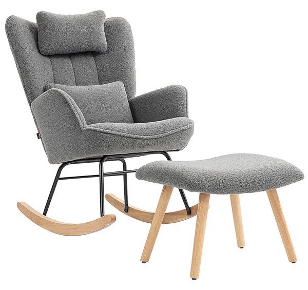 HOMCOM Sedia a dondolo con Poggiapiedi, Rivestimento in Pile Morbido, Gambali in Legno, Cuscino, Alto Schienale, Sedia a Dondolo, Grigio scuro | Aosom Italy