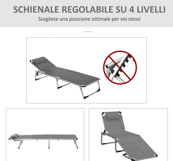 Outsunny Sdraio Pieghevole con Poggiatesta e Schienale Regolabile in Alluminio 60x165x76cm Grigio | Aosom Italy
