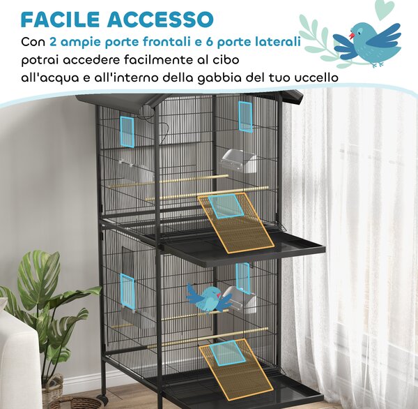 PawHut Voliera per Uccelli a Rotelle con Vassoi Estraibili in Plastica e Posatoi, in Metallo, 71.8x71.8x170.2 cm, Nero | Aosom Italy