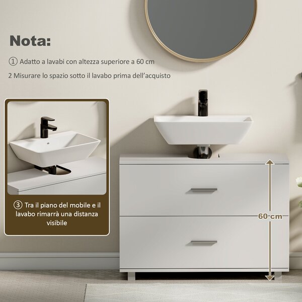HOMCOM Mobile Sottolavabo Moderno con 2 Cassetti e Divisori per Lavabo Senza Piedistallo, 80x30x60 cm, Bianco | Aosom Italy