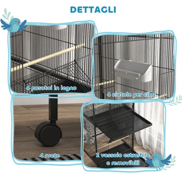 PawHut Voliera per Uccelli a Rotelle con Vassoi Estraibili in Plastica e Posatoi, in Metallo, 71.8x71.8x170.2 cm, Nero | Aosom Italy