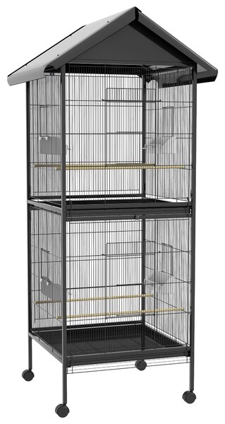 PawHut Voliera per Uccelli a Rotelle con Vassoi Estraibili in Plastica e Posatoi, in Metallo, 71.8x71.8x170.2 cm, Nero | Aosom Italy