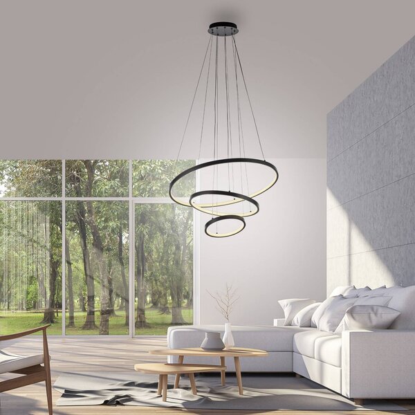 JUST LIGHT. GmbH Lampada LED a sospensione Cerchi, nera, 3.000 K Cerchi, Nero, Soggiorno / Sala da pranzo, Metallo, Moderno