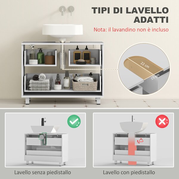 HOMCOM Mobile Sottolavabo Moderno con 2 Cassetti e Divisori per Lavabo Senza Piedistallo, 80x30x60 cm, Bianco | Aosom Italy