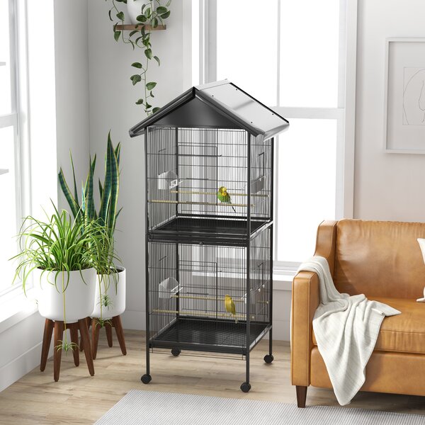 PawHut Voliera per Uccelli a Rotelle con Vassoi Estraibili in Plastica e Posatoi, in Metallo, 71.8x71.8x170.2 cm, Nero | Aosom Italy