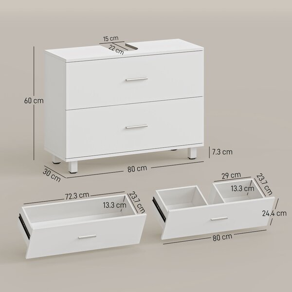 HOMCOM Mobile Sottolavabo Moderno con 2 Cassetti e Divisori per Lavabo Senza Piedistallo, 80x30x60 cm, Bianco | Aosom Italy