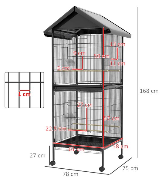 PawHut Voliera per Uccelli a Rotelle con Vassoi Estraibili in Plastica e Posatoi, in Metallo, 71.8x71.8x170.2 cm, Nero | Aosom Italy