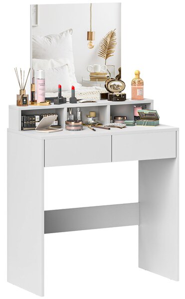 HOMCOM Tavolo da trucco con specchio, tavolo da trucco con 2 cassetti e 3 scomparti, stile moderno, 75 x 38 x 135 cm, bianco | Aosom Italy