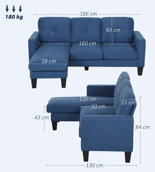 HOMCOM Divano d'angolo 3 Posti con chaise longue reversibile destra o sinistra, salotto, grande comfort, schienale trapuntato, blu | Aosom Italy