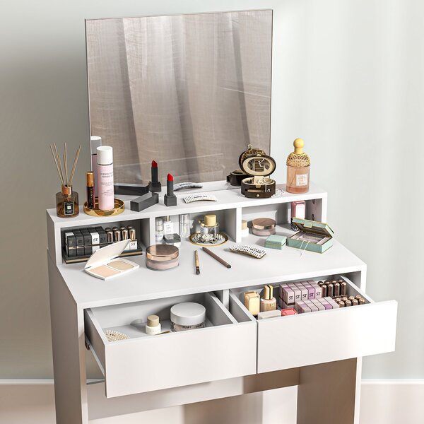 HOMCOM Tavolo da trucco con specchio, tavolo da trucco con 2 cassetti e 3 scomparti, stile moderno, 75 x 38 x 135 cm, bianco | Aosom Italy