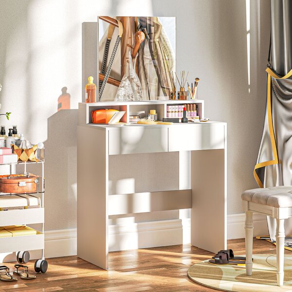 HOMCOM Tavolo da trucco con specchio, tavolo da trucco con 2 cassetti e 3 scomparti, stile moderno, 75 x 38 x 135 cm, bianco | Aosom Italy