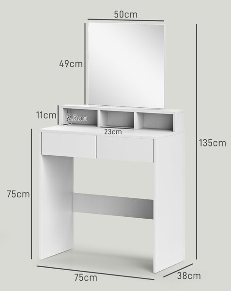 HOMCOM Tavolo da trucco con specchio, tavolo da trucco con 2 cassetti e 3 scomparti, stile moderno, 75 x 38 x 135 cm, bianco | Aosom Italy