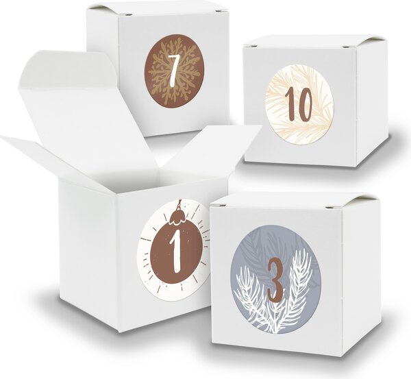 Calendario dell'Avvento da riempire, 24 cubetti da 6,5 cm, BIANCO + adesivi V04 Z15