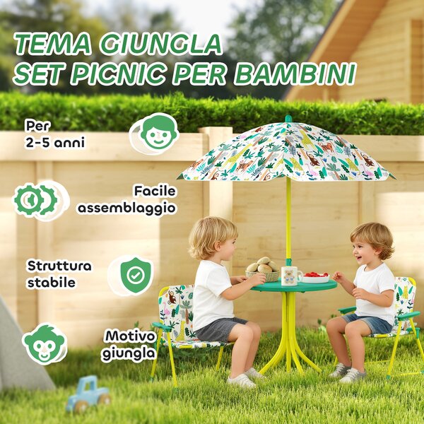 AIYAPLAY Set da Giardino per Bambini a Tema Giungla con 2 Sedie Pieghevoli, Ombrellone e Tavolino Rotondo, Multicolore | Aosom Italy