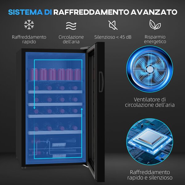 HOMCOM Cantinetta Frigo per Vino da 63L con Ripiani Regolabili per 16 Bottiglie e 25 Lattine, 43x45x74 cm, Nero | Aosom Italy