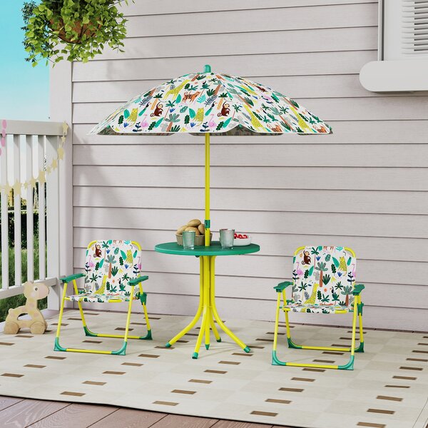 AIYAPLAY Set da Giardino per Bambini a Tema Giungla con 2 Sedie Pieghevoli, Ombrellone e Tavolino Rotondo, Multicolore | Aosom Italy
