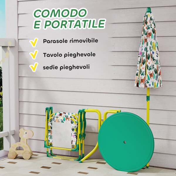 AIYAPLAY Set da Giardino per Bambini a Tema Giungla con 2 Sedie Pieghevoli, Ombrellone e Tavolino Rotondo, Multicolore | Aosom Italy