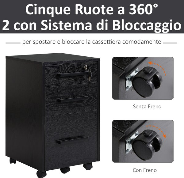 HOMCOM Cassettiera Portadocumenti da Ufficio con 3 Cassetti, 5 Ruote, Nero, 39.2 x 40 x 65.4cm