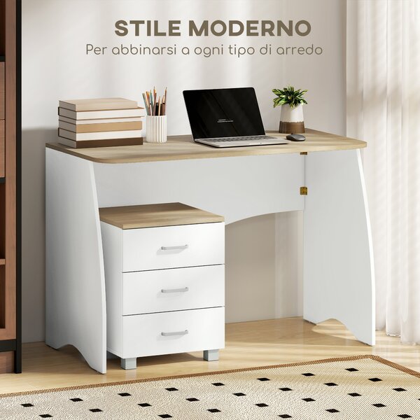 HOMCOM Scrivania con Cassettiera Moderna in Legno, Scrivania PC per Camera e Ufficio, Bianco, 110x55x75cm|Aosom