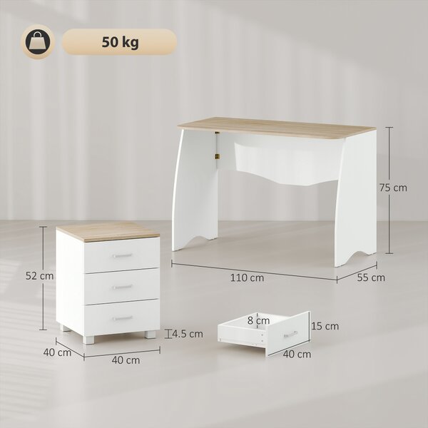 HOMCOM Scrivania con Cassettiera Moderna in Legno, Scrivania PC per Camera e Ufficio, Bianco, 110x55x75cm|Aosom