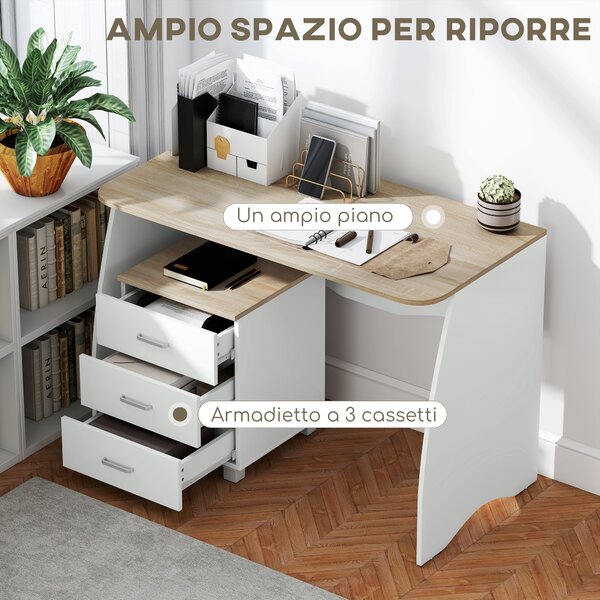 HOMCOM Scrivania con Cassettiera Moderna in Legno, Scrivania PC per Camera e Ufficio, Bianco, 110x55x75cm|Aosom