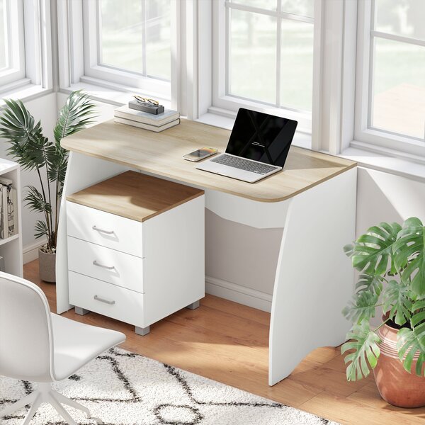 HOMCOM Scrivania con Cassettiera Moderna in Legno, Scrivania PC per Camera e Ufficio, Bianco, 110x55x75cm|Aosom