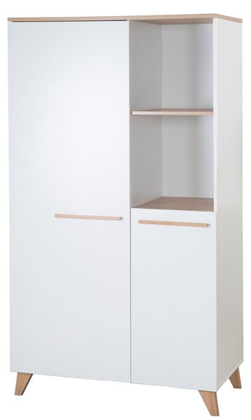 Armadio per bambini a due ante, modello Leon. Maniglie e piedini in legno massello di alta qualità. Armadio con due vani aperti. Colore: bianco / decoro "Othello" (effetto legno)