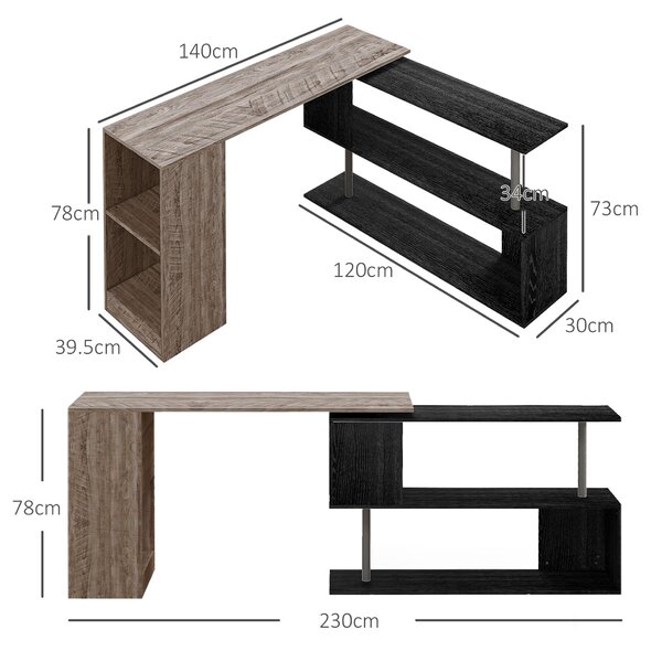 HOMCOM Scrivania Angolare Salvaspazio con Ripiano a S, in Legno, 140x120x78 cm, Grigio effetto Legno