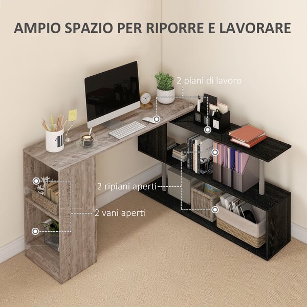 HOMCOM Scrivania Angolare Salvaspazio con Ripiano a S, in Legno, 140x120x78 cm, Grigio effetto Legno