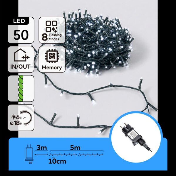 Aigostar - Catena luminosa natalizia LED da esterno 50 LED/8 funzioni 8 m IP44 bianco freddo
