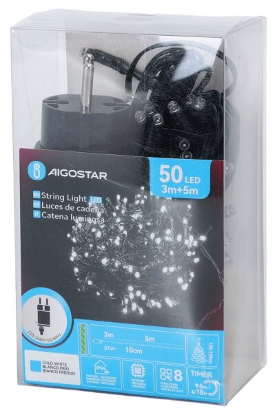Aigostar - Catena luminosa natalizia LED da esterno 50 LED/8 funzioni 8 m IP44 bianco freddo