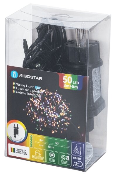 Aigostar - Catena luminosa natalizia da esterno a LED, 50 LED, 8 funzioni, 8 m, IP44, multicolore