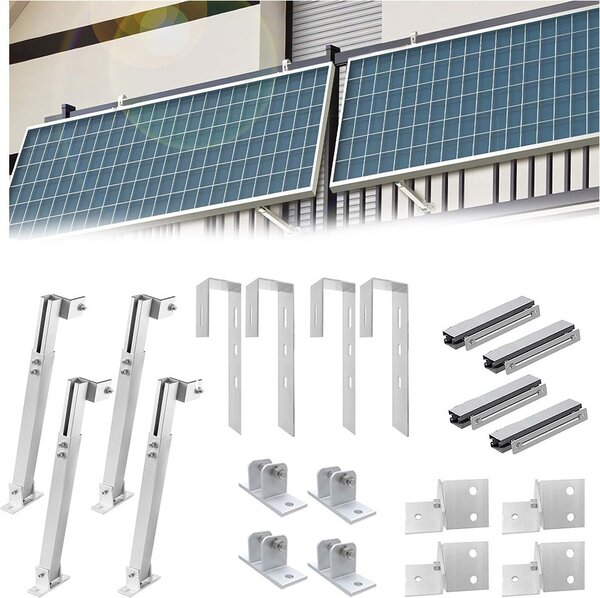 Supporto per impianti fotovoltaici da balcone, adatto per 2 pannelli solari. Gancio da balcone con attacco a quattro lati, supporto solare per balconi con ringhiere angolari, sistema di fissaggio stabile per pannelli fotovoltaici