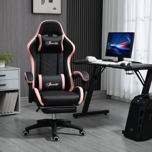 Vinsetto Sedia ergonomica da Gaming ad Altezza Regolabile con Poggiatesta e Poggiapiedi retrattile,reclinazione a 135° e leva a gas, Rosa e Nero| Aosom Italy