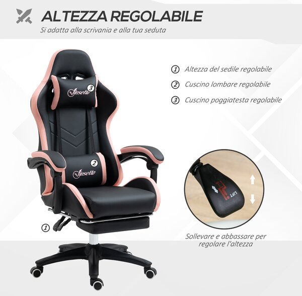 Vinsetto Sedia ergonomica da Gaming ad Altezza Regolabile con Poggiatesta e Poggiapiedi retrattile,reclinazione a 135° e leva a gas, Rosa e Nero| Aosom Italy