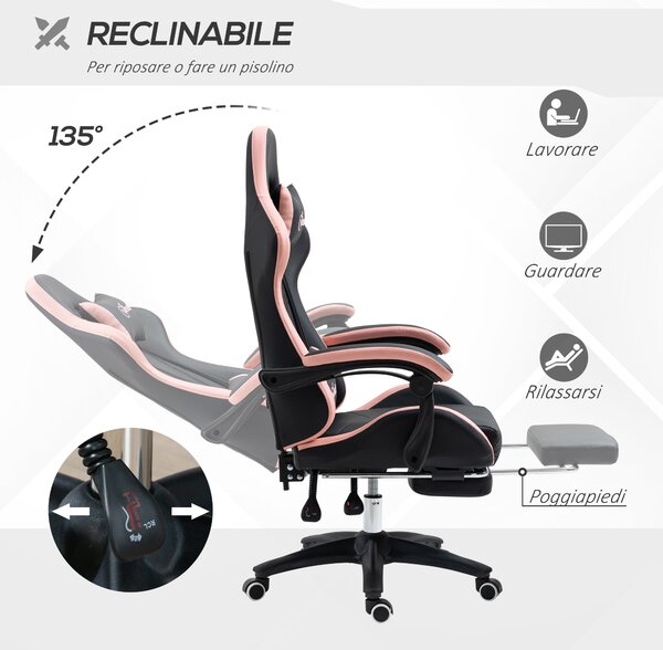 Vinsetto Sedia ergonomica da Gaming ad Altezza Regolabile con Poggiatesta e Poggiapiedi retrattile,reclinazione a 135° e leva a gas, Rosa e Nero| Aosom Italy