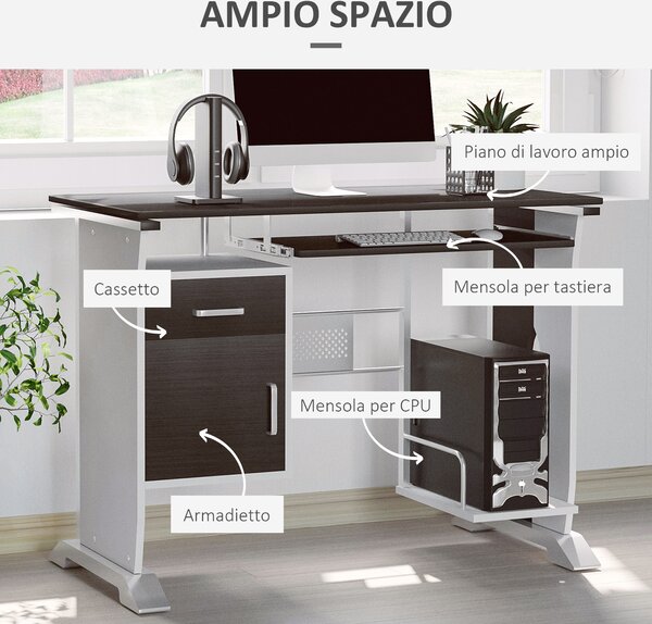 Homcom Scrivania Porta PC Design Ufficio con Cassetti in Legno Salvaspazio, Tavolo per Computer, Marrone|Aosom