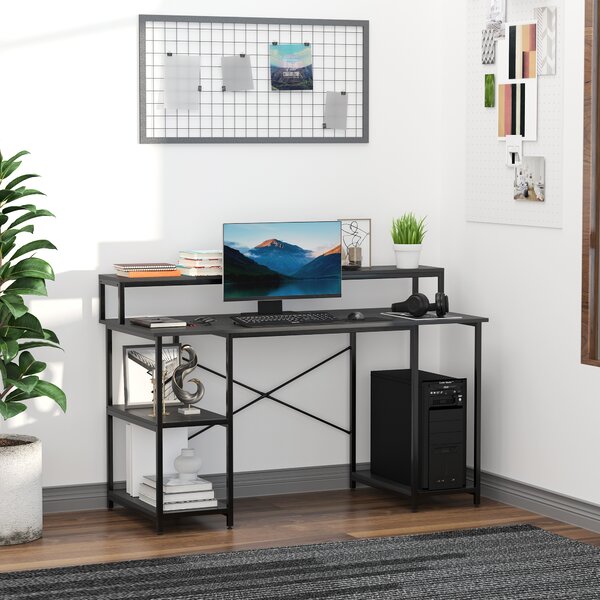 HOMCOM Scrivania per computer con scaffale tappettini regolabili Tavolo pc moderno per casa ufficio nero 140 x 60 x 93cm|Aosom