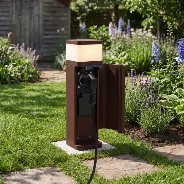BRILAGI - Lampada da esterno con 2 prese SCHUKO PILLAR 1xG9/11W/230V IP44 marrone