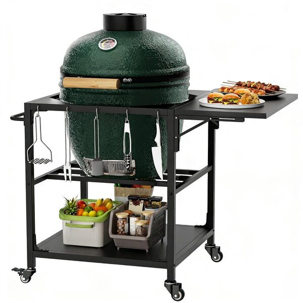Tavolo da barbecue per Big Green Egg – robusto carrello in metallo con rotelle e ripiano, ganci e copertura rimovibile, adatto al modello grande di Big Green Egg, per uso esterno