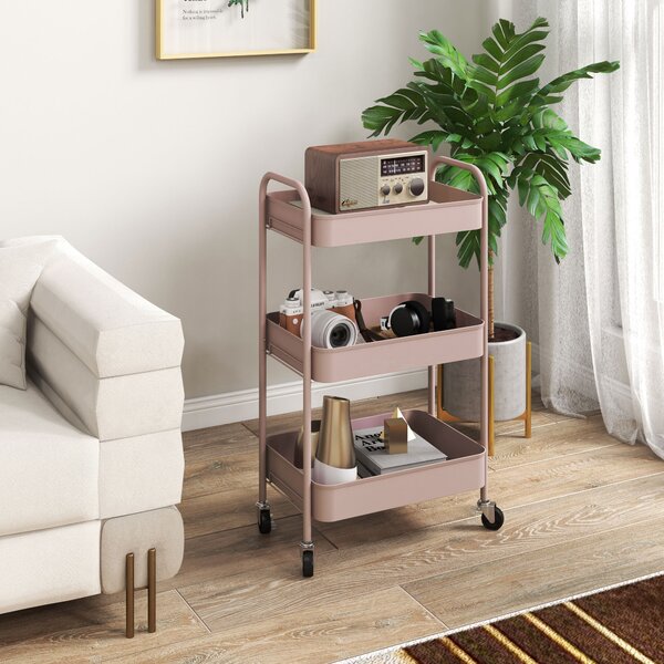 HOMCOM Carrello da Cucina a 3 Livelli con Maniglie e 4 Rotelle, in Acciaio, 45x30.6x79 cm, Rosa