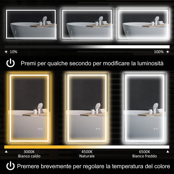 HOMCOM Specchio Bagno con Luci LED Regolabili a 3 Colori e Strato Antiurto, Antiappannamento in Vetro e Metallo, 100x3x60cm|Aosom Italy