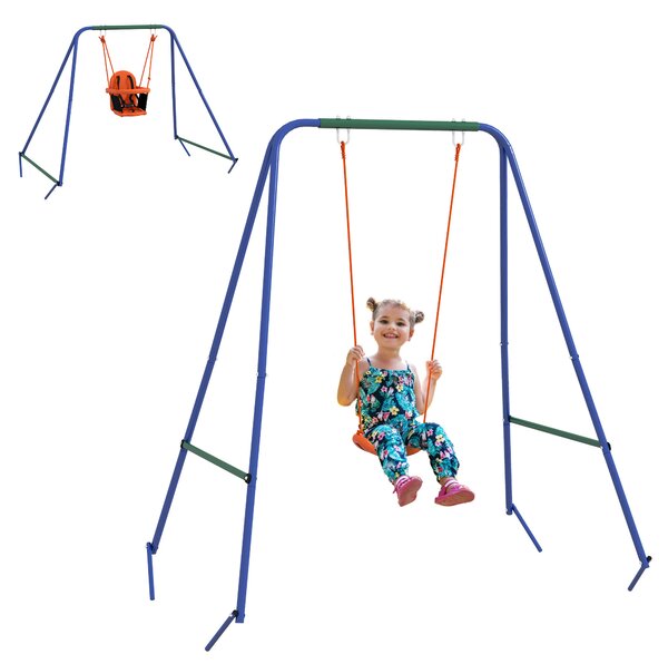 Outsunny Altalena da Giardino 2 in 1 per Neonati e Bambini da 6 Mesi a 8 Anni, Arancione e Blu