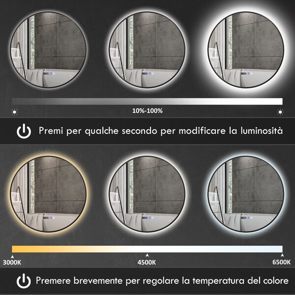 HOMCOM Specchio Bagno con Luce LED Regolabile, Antiappannamento e Display Tempo e Temperatura, Ø70 cm, Nero