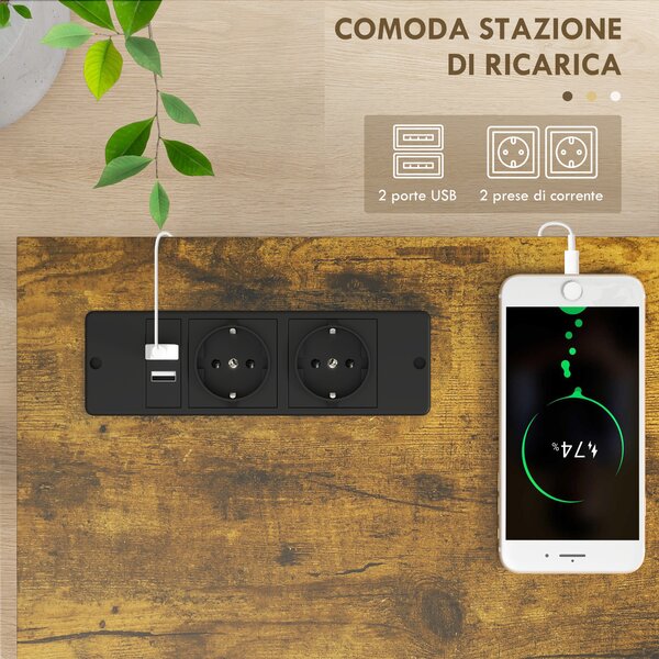 HOMCOM Tavolo Moderna da Ingresso Stile Industriale con Prese di Corrente e USB, Consolle Legno e Acciaio, 100x24x75cm, Marrone