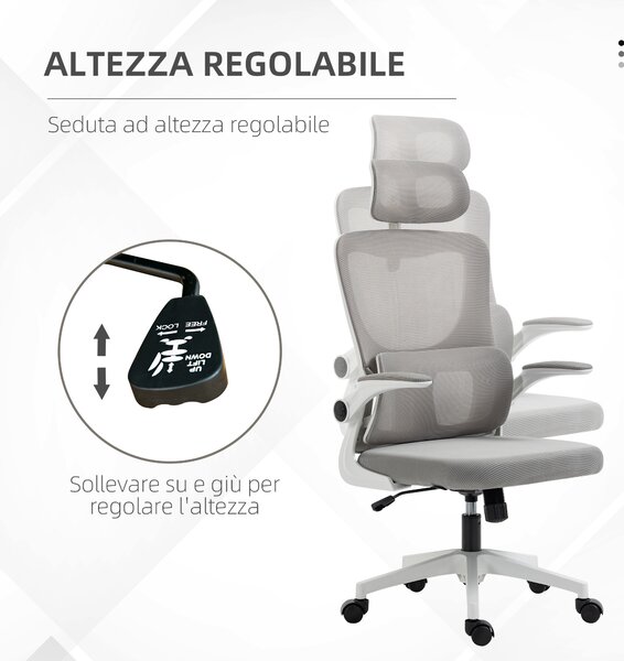 Vinsetto Poltrona da Ufficio con Poggiapiedi e Poggiatesta, Sedia da Ufficio Ergonomica ad Altezza Regolabile, 60x59x114-122 cm, Grigio|Aosom Italy