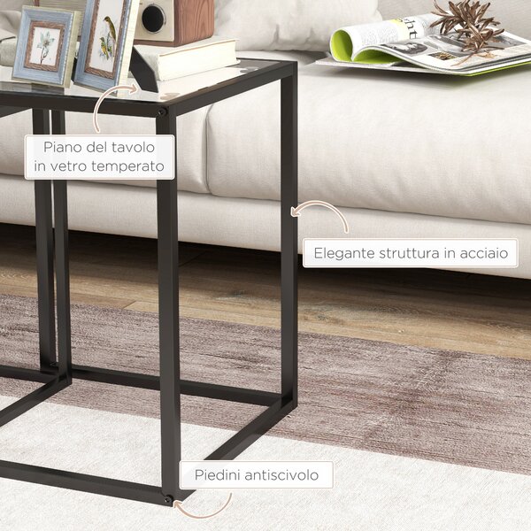 Set 2 Tavolini Da Caffè Sovrapponibili In Vetro E Acciaio - Nero, Moderno E Salvaspazio - Foto 5