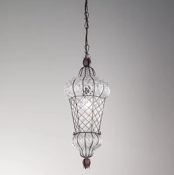 SIRU - Lampadario a sospensione con catena BABÀ 1xE27/60W/230V diametro 30 cm limpido/marrone Vetro veneziano