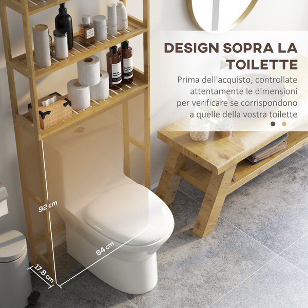 Kleankin Mobile Sopra WC Salvaspazio a 3 Ripiani Aperti a Doghe, in Bambù, 68x20x165 cm, color Bambù|Aosom